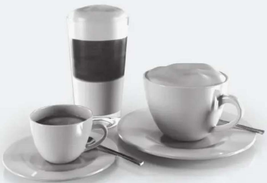 Black-and-white photo of a coffee cup, a glass of milk, and a teacup on saucers with chopsticks (no text or symbols visible)