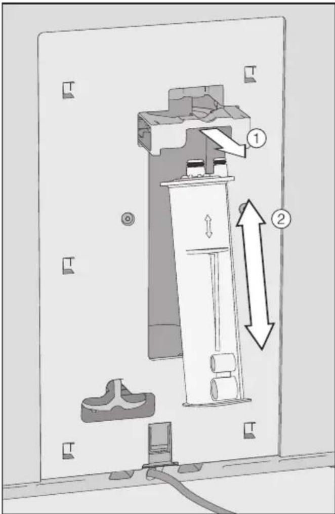 Technical diagram of a mechanical device with numbered components and directional arrows indicating assembly or movement.