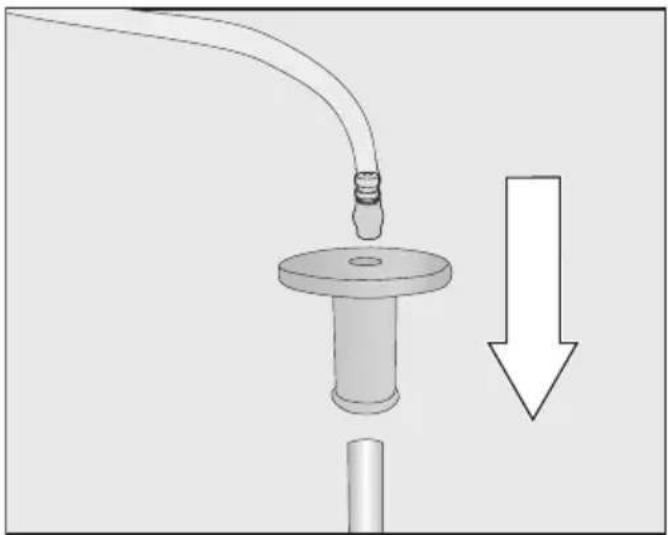 Diagram of a mechanical device with a pipe and cylindrical component, showing a downward arrow (no text or symbols)