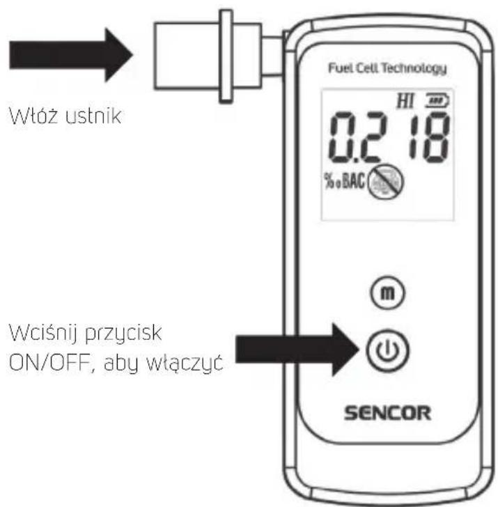 Wtöz ustnik Fuel Cell Technology 0.2 18 % BAC HI Wciśnij przycisk ON/OFF, aby włączyć m SENCOR