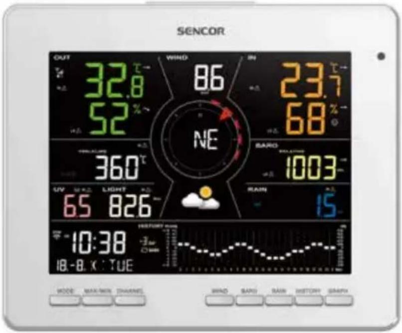 SENCOR OUT 32.8 °C 52 % WIND 86 IN 23.7 °C 68 °C NE PRESSURE 360 °C UV 50 mA LIGHT 65 RANGE 1003 m 626 m RAIN 15 m 10:38 18 - 8 K : TUE HISTORY TIME -3 am 0 min MODE MAX/MAX CHANNEL WIND GARD RAIN HISTORY GATH