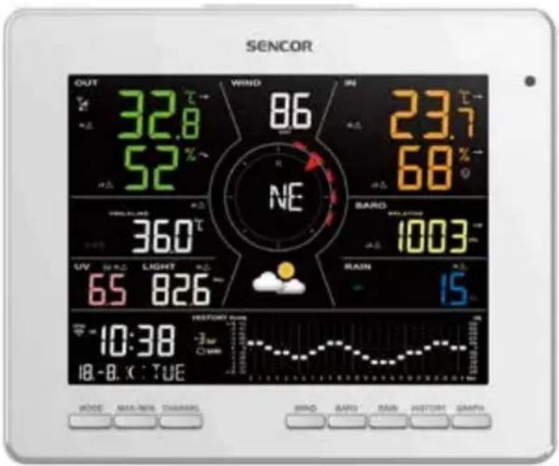 SENCOR OUT 32.8 52° WIND 86 NE 23.7 68° BARD 1003° UV 65 36.0° LIGHT 826° RAIN 15° 10:38 18.-8.K : TUE HISTORY OUT -3 am -2 min MODE MAX:NEW THAWARI WIND BARD RAIN HISTORY GRAPH