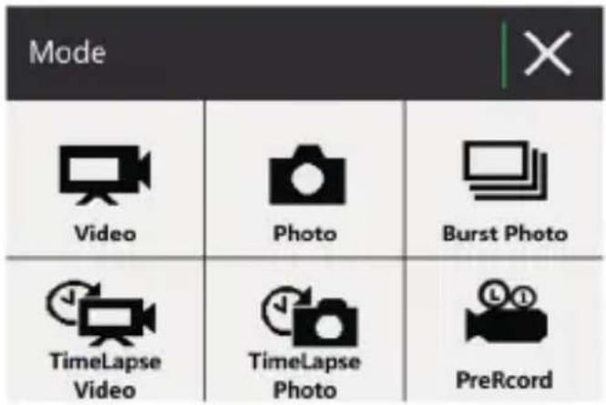 Mode Video Photo Burst Photo TimeLapse Video TimeLapse Photo PreRcord