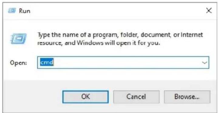 Run Type the name of a program, folder, document, or Internet resource, and Windows will open it for you. Open: cmd OK Cancel Browse...