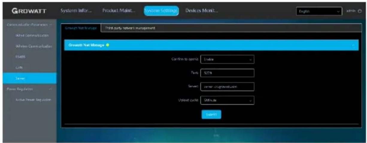 GROWATT System Infor... Product Maint... System Settings Devices Monit... English admin Communication Parameters Alfred Communications Alfred Communications OSLS OSL Server Power Regulation Ktheta Power Regulation GROWATT Net Manage Print only, network management GROWATT Net Manage Confirm to open: Enable Port: $779 Server: server.csgrowthstation Upload clock: 5 Minute Form1