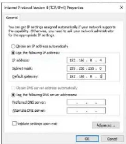 Internet Protocol Version 4 (TCP/IPv4) Properties General You can get IP settings assigned automatically if your network supports this capability. Otherwise, you need to ask your network administrator for the appropriate IP settings. Obtain an IP address automatically Use the following IP address: IP address: 152 - 160 , 0 , 4 Subnet mask: 255 - 235 , 235 , 0 Default gateway: 192 - 180 , 0 , 1 Obtain DNS server address automatically Log the following DNS server addresses: Preferred DNS server: . . . Alternate DNS server: . . . Validate settings upon exit Advanced... OK Cancel