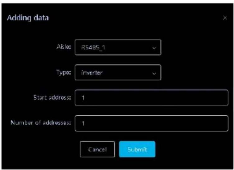 Adding data Able: R5485_1 Type: inverter Start address: 1 Number of addresses: 1 Cancel Submit