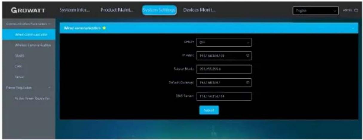 GROWATT System Info... Product Maint... System Settings Devices Monit... English Command Wire Communications DHCP: OFF IP Address: 192.1 GB 100.103 Subnet Mask: 263.248.355.6 Default Gateway: 192.1 GB 100.1 DNS Server: 114.1 16.314.114 Subnet