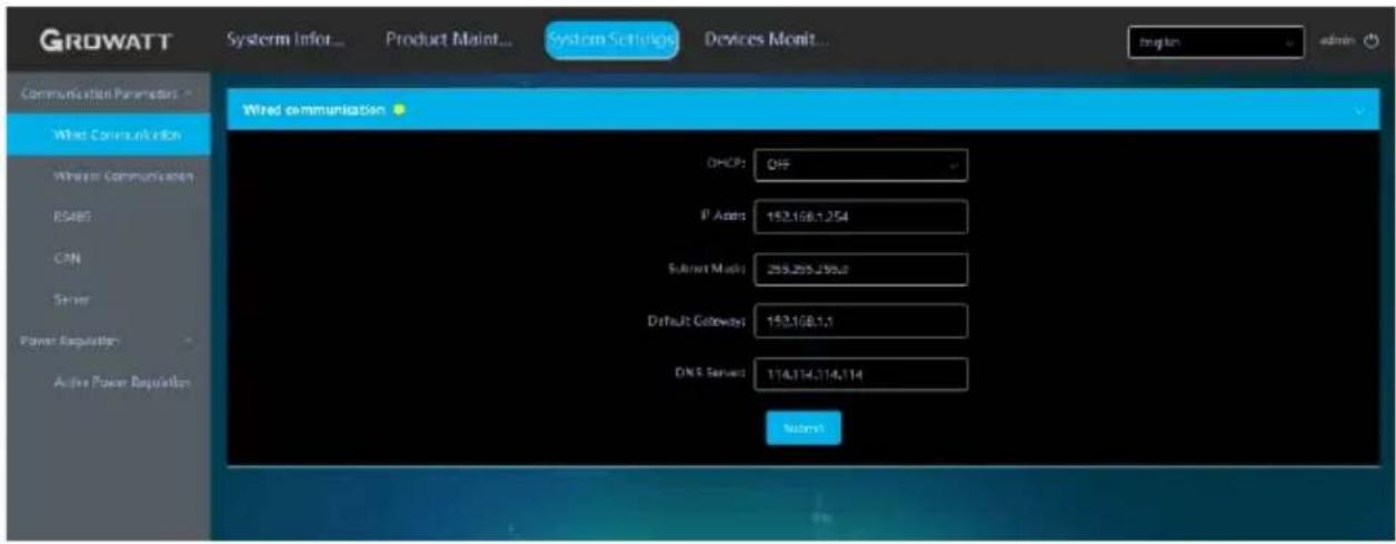 GROWATT System Infor... Product Maint... System Settings Devices Monit... engkun... admin Communication Parameters Wire Communication Wire Communication RSABS CAN Server Power Rating Active Power Rating Wired communication OHCP: OFF IP Assets: 163,168,1,254 Subnet Marks: 259,255,255.0 Default GBowert: 163,168,1,1 DNS Server: 114,114,114,114 Normal