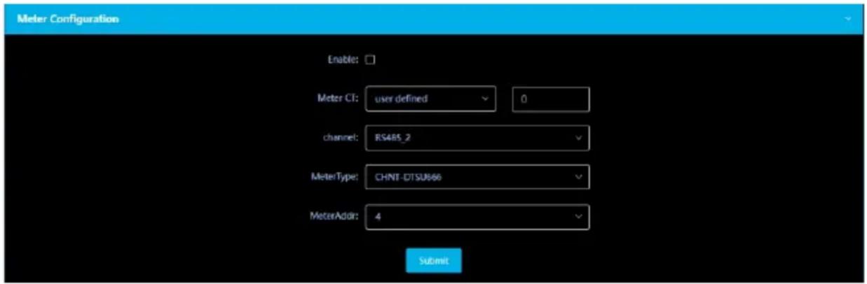 Meter Configuration Enable: Meter CT: user defined 0 channel: RS485_2 MeterType: CHNT-DTSU866 MeterAddr: 4 Submit