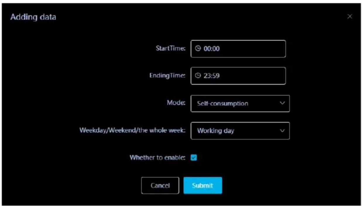 Adding data StartTime: 00:00 EndingTime: 23:59 Mode: Self-consumption Weekday/Weekend/the whole week: Working day Whether to enable: Cancel Submit