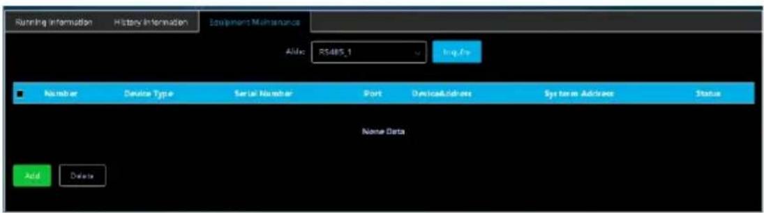 Running Information History Information Equipment Maintenance Alics: RS485.1 Inq. By Number Device Type Serial Number Port DeviceAddress System Address Status Name Data Add Delete