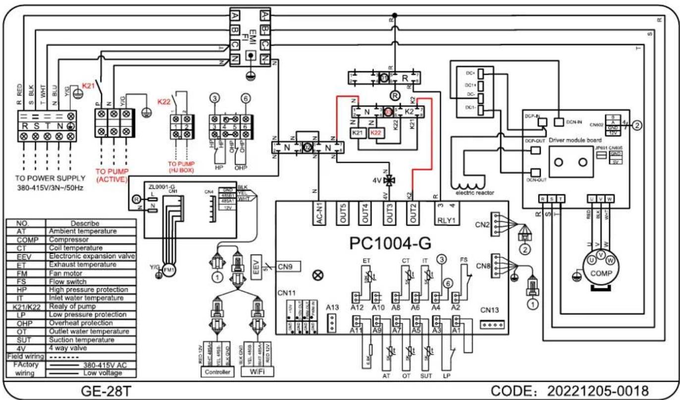 TO POWER SUPPLY 380-415V/3N-/50Hz NO. Describe AT Ambient temperature COMP Compressor CT Coil temperature EEV Electronic expansion valve ET Exhaust temperature FM Fan motor FS Flow switch HP High pressure protection IT Inlet water temperature K21/K22 Realy of pump LP Low pressure protection OHP Overheat protection OT Outlet water temperature SUT Suction temperature 4V 4 way valve Field wiring ------------------ FActory 380-415V AC wiring Low voltage PC1004-G CODE: 20221205-0018 RED 12V INT 450A OUT 450A INT 450A WIFI RED 12V Controller WiFi R RED S BLK T WHT N BLU YIG K21 R S T N N YIG K22 R S T N N YIG K22 R S T N N YIG K22 R S T N N YIG K22 R S T N N YIG K22 R S T N N YIG K22 R S T N N YIG K22 R S T N N YIG K22 R S T N N YIG K22 R S T N N YIG K22