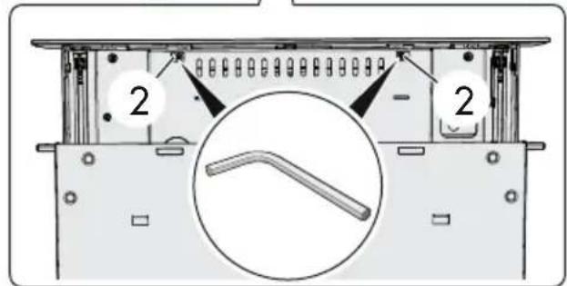 Technical diagram of a computer rack with labeled components and an inset showing a handle mechanism