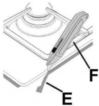 Technical diagram showing a mechanical component with labeled parts E and F