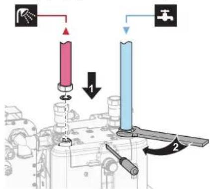 Diagram showing mechanical assembly with labeled parts and directional arrows indicating movement or force