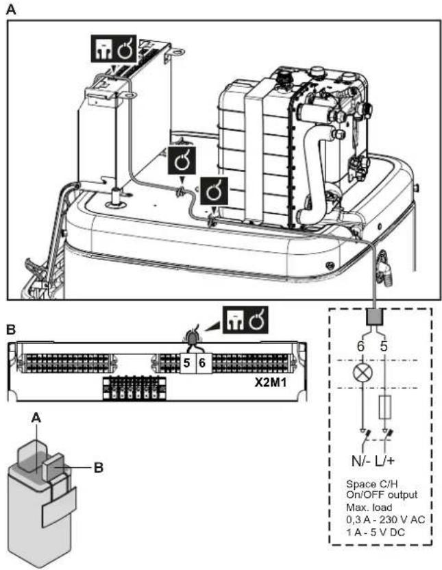 A B 5 6 X2M1 A B 6 5 N/- L/+ Space C/H On/OFF output Max. load 0,3 A - 230 V AC 1 A - 5 V DC