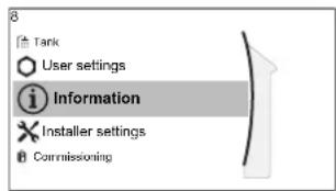 Tank User settings Information Installer settings Commissioning