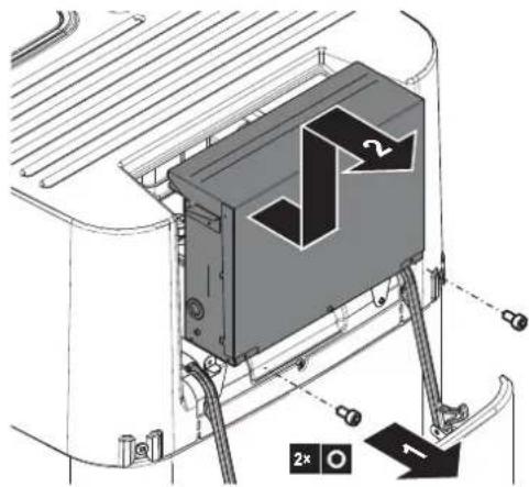 Technical diagram showing a mechanical component with directional arrows and labeled parts, including a 2x and 1 symbol.