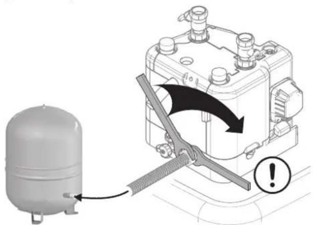 Diagram showing a pressure vessel connected to a mechanical component with directional arrows and an exclamation mark.