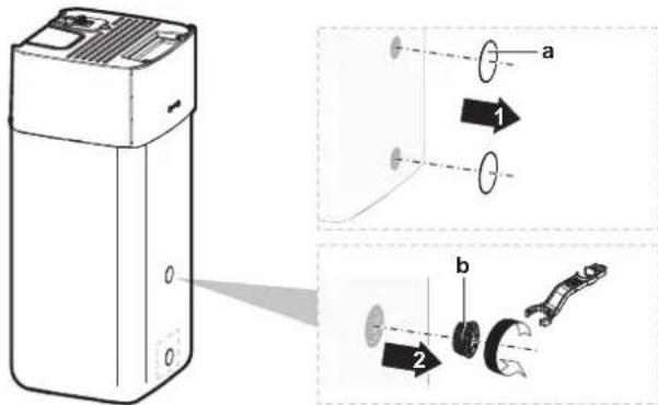 Technical diagram showing a device with labeled components and light path indicators, including parts a and b.