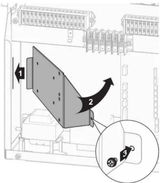 Diagram showing a device panel with labeled components and directional arrows, including a magnified inset of a component detail.
