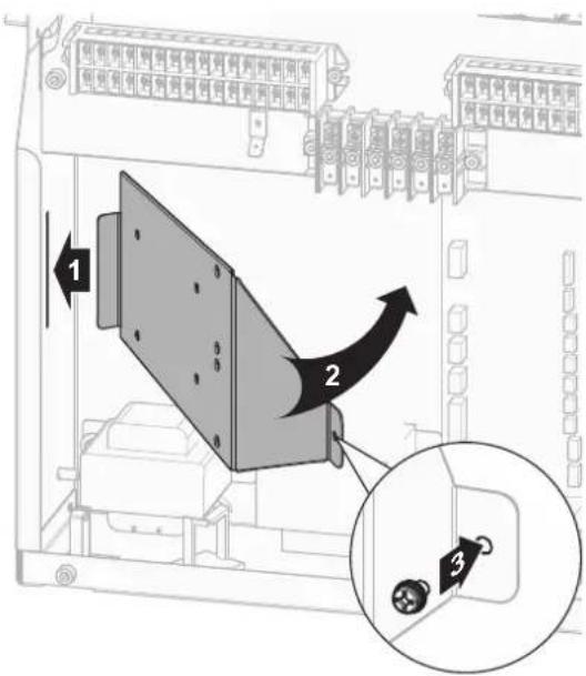 Diagram showing a device panel with labeled components and directional arrows, including a magnified inset of a component detail.