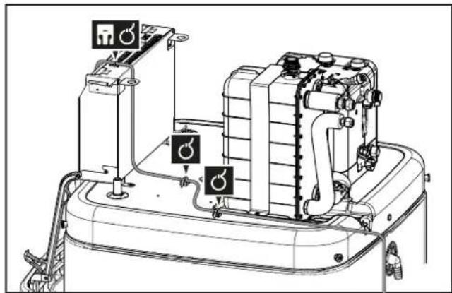 Technical diagram of a mechanical device with labeled components and warning symbols