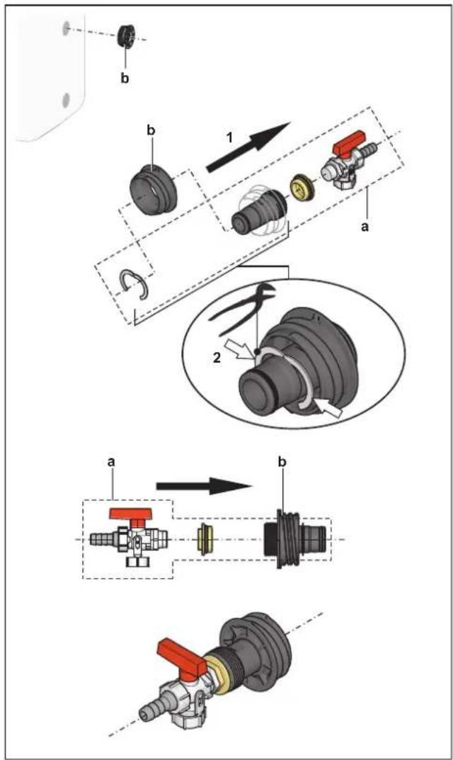 Technical diagram illustrating mechanical assembly steps with labeled components and directional arrows