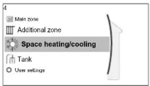 Main zone Additional zone Space heating/cooling Tank User settings