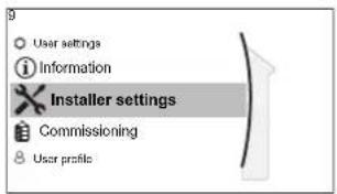 User settings Information Installer settings Commissioning User profile