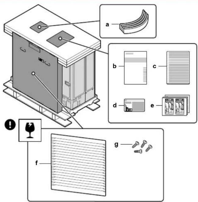 Technical diagram of an electronic device with labeled components and exploded view, including a warning icon and component layouts.