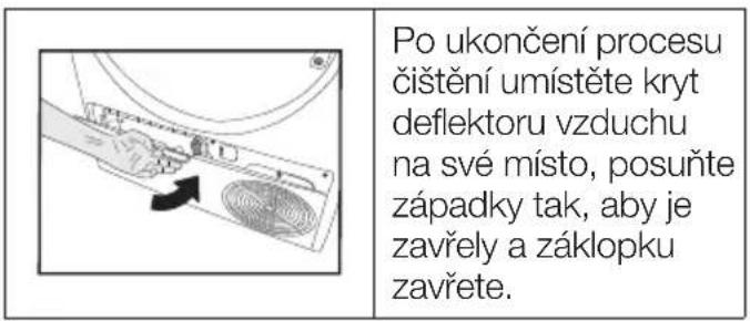 Po ukončení procesu čištění umístěte kryt deflektoru vzduchu na své místo, posuňte západky tak, aby je zavřely a záklopku zavřete.