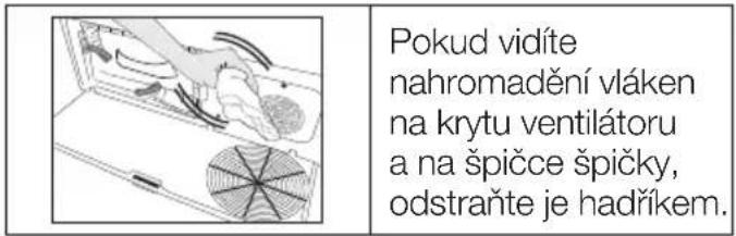 Pokud vidíte nahromadění vláken na krytu ventilátoru a na špičce špičky, odstraňte je hadříkem.