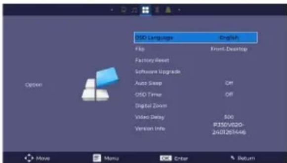 DOS Language English File Front Desktop Factory/Reset Software Upgrade Auto Sleep Off OISO Timer Off Digital Zoom Video Delay 500 Version Info F150V820- 2401261446 Move Menu Enter Return