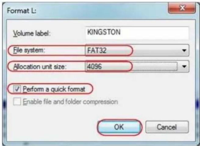 Format L: Volume label: KINGSTON File system: FAT32 Allocation unit size: 4096 ✓ Perform a quick format □ Enable file and folder compression OK Cancel