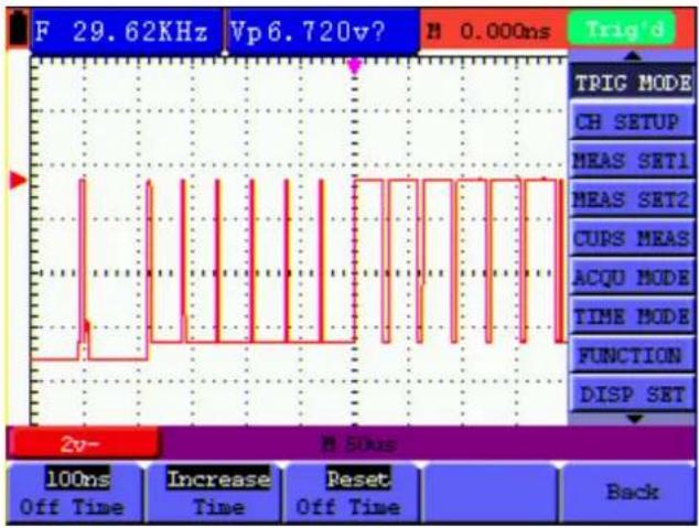 F 29.62KHz Vp6.720v? M 0.000ns Trig'd TPIG MODE CH SETUP MEAS SET1 MEAS SET2 CUPS MEAS ACQU MODE TIME MODE FUNCTION DISP SET 2v- M 50ms 100ns Off Time Increase Reset Back Time Off Time Off Time