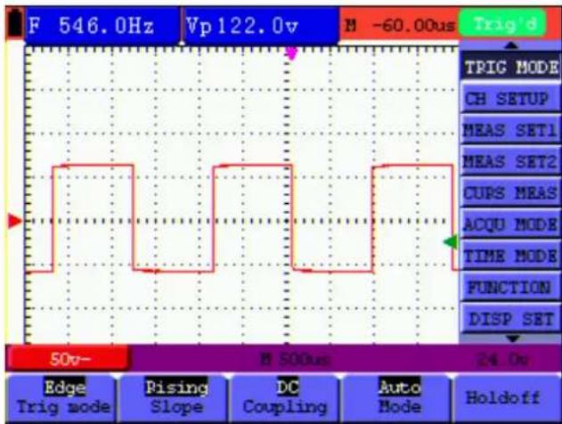 F 546.0Hz Vp122.0v M -60.00us Trig d TRIG MODE CH SETUP MEAS SET1 MEAS SET2 CUPS MEAS ACQU MODE TIME MODE FUNCTION DISP SET 50v- M 500us 24 0v Edge Rising DC Auto Trig mode Slope Coupling Mode Holdoff