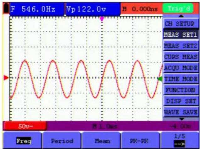 F 546.0Hz Vp122.0v M 0.000ns Trig'd CH SETUP MEAS SET1 MEAS SET2 CUPS MEAS ACQU MODE TIME MODE FUNCTION DISP SET WAVE SAVE 50v- M 1.0ms -4.00v Freq Period Mean PR-PK 1/5