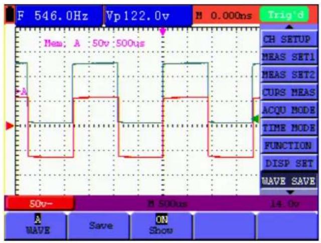 F 546.0Hz Vp122.0v N 0.000ns Trig'd Mem: A 50v 500us CH SETUP MEAS SET1 MEAS SET2 CUPS MEAS ACQU MODE TIME MODE FUNCTION DISP SET WAVE SAVE 50v- M 500us 14.0v A Wave Save ON Show