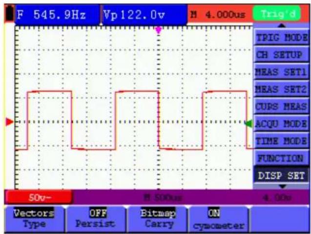 F 545.9Hz Vp122.0v M 4.000us Trig'd TRIG MODE CH SETUP MEAS SET1 MEAS SET2 CURS MEAS ACQU MODE TIME MODE FUNCTION DISP SET 50v- OFF Persist Bitmap Carry ON cymometer 4.000u Vectors Type