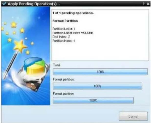 Apply Pending Operation(s)... 1 of 1 pending operations. Format Partition Partition Letter: 1 Partition Label: NEW VOLUME Disk Index: 2 Partition Index: 1 Total 100% Format partition: 100% Format partition 100% Cancel