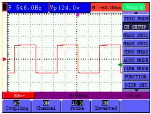 F 546.0Hz Vp124.0v H -60.00us Trig'd TRIG MODE CH SETUP MEAS SET1 MEAS SET2 CUPS MEAS ACQU MODE TIME MODE FUNCTION DISP SET 50v~ M 500us 24.0v AC ON Coupling Channel 10 X Probe ON Inverted