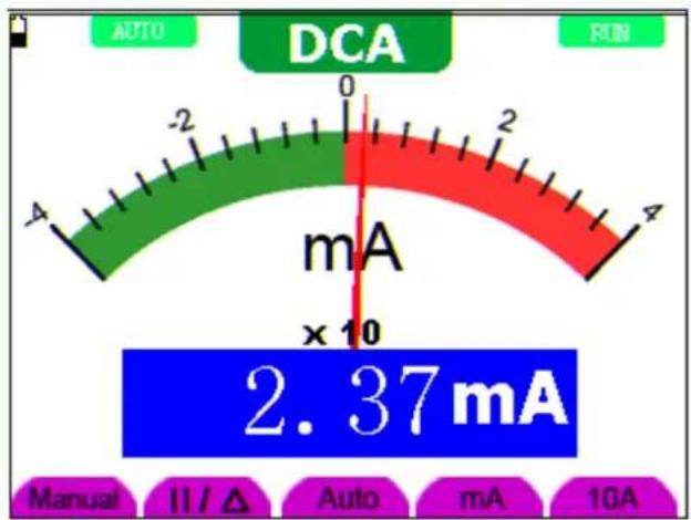 DCA 0 -2 -4 mA x 10 2.37mA Manual II/Δ Auto mA 10A