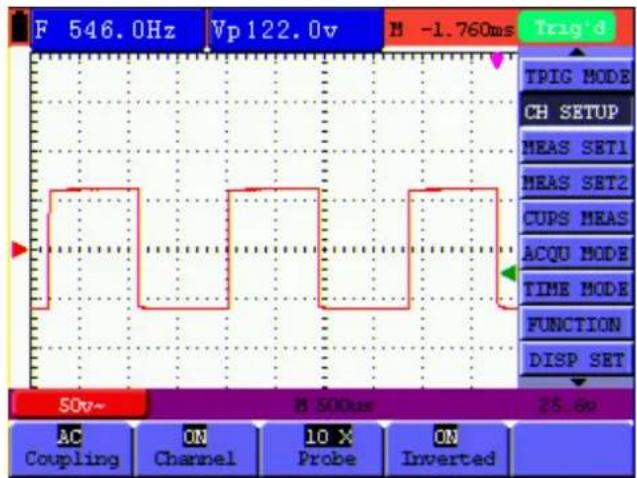F 546.0Hz Vp122.0v N -1.760ms Trig'd TPIG MODE CH SETUP MEAS SET1 MEAS SET2 CUPS MEAS ACQU MODE TIME MODE FUNCTION DISP SET 50v~ N 500ms 25.6v AC ON Coupling Channel 10 X Probe ON Inverted