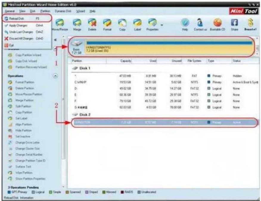 MiniTool Partition Wizard Home Edition v0.0 General View Disk Partition Dynamic Disk Wizard Help Reload Disk FS Apply Changes Ctrl+A Undo Last Changes Ctrl+Z Discard All Changes Ctrl+O Edit Copy Partition Wizard Copy Disk Wizard Partition Recovery Wizard Basic (KINGSTONNTFS) 7.2 GB (Used IR) 1 Operations Format Partition Delete Partition Move/Passion Partition Merge Partition Split Partition Copy Partition Set Label Align Partition Hide Partition Set Inactive Change Drive Letter Change Cluster Size Change Serial Number Change Partition Type ID Surface Test Vize Partition Show Partition Properties 3 Operations Pending GPT/Primary Logical Simple Spanned Striped Removed RAID5 Unallocated Reload Disk Information Disk 1 47.03 MB 8.91 MB 38.13 MB FAT Primary Hidden C:\WIN/P 19.53 GB 14.51 GB 5.02 GB NTF5 Primary Active & Boot & Syntt D 45.02 GB 34.75 GB 14.27 GB FAT32 Logical None E 68.36 GB 39.39 GB 26.97 GB NTF5 Logical None F 79.10 GB 49.72 GB 29.30 GB FAT32 Logical None G ※线浏览 62.03 GB 4.03 GB 78.00 GB FAT32 Logical None Disk 2 (KEWSTON) 7.2 GB XCF7MB FATGB MSX Primary Action