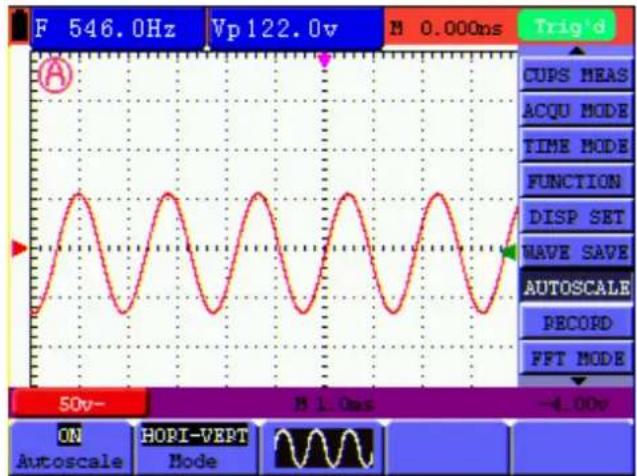 F 546.0Hz Vp122.0v N 0.000ns Trig'd CUPS MEAS ACQU MODE TIME MODE FUNCTION DISP SET WAVE SAVE AUTOSCALE RECORD FFT MODE 50v- M 1.0ms -4.00v ON Autoscale HOP-VERT Mode