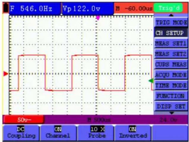 F 546.0Hz Vp122.0v M -60.00us Trig'd TRIG MODE CH SETUP MEAS SET1 MEAS SET2 CUPS MEAS ACQU MODE TIME MODE FUNCTION DISP SET 50v- M 500us 24.0v DC ON Channel 10 X Probe ON Inverted