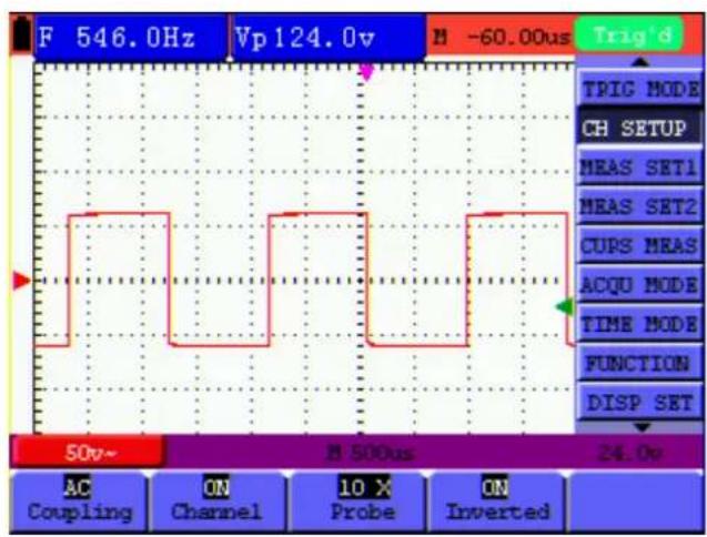F 546.0Hz Vp124.0v H -60.00us Trig'd TPIC MODE CH SETUP MEAS SET1 MEAS SET2 CUPS MEAS ACQU MODE TIME MODE FUNCTION DISP SET 50v~ H 500us 24.0v AC ON Coupling Channel 10 X Probe ON Inverted