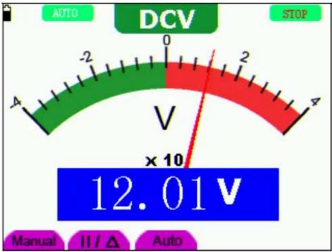 AUTO DCV STOP -4 -2 0 2 4 V × 10 12.01 V Manual II / Δ Auto